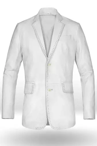Men's white genuine lambskin leather blazer suede coat 2 flap pocket &button style