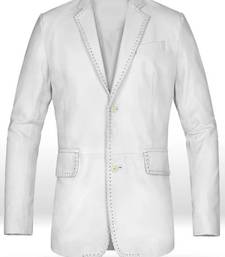 Men's white genuine lambskin leather blazer suede coat 2 flap pocket &button style