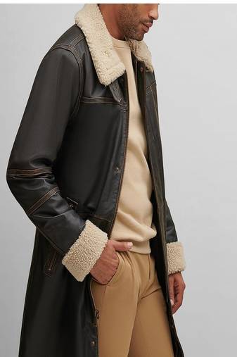 Men's dark brown genuine lambskin leather coat 2 flap pocket & button style