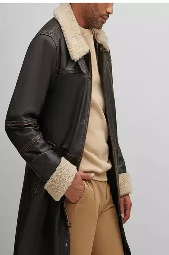 Men's dark brown genuine lambskin leather coat 2 flap pocket & button style