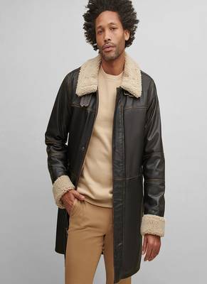 Men's dark brown genuine lambskin leather coat 2 flap pocket & button style 2