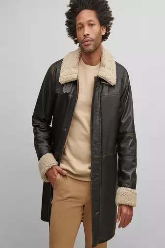 Men's dark brown genuine lambskin leather coat 2 flap pocket & button style