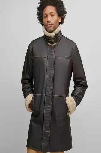Men's dark brown genuine lambskin leather coat 2 flap pocket & button style