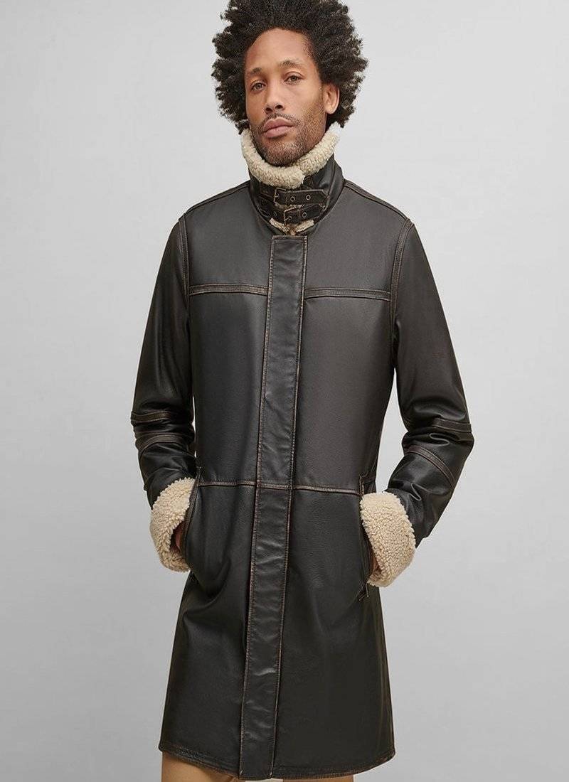 Men's dark brown genuine lambskin leather coat 2 flap pocket & button style