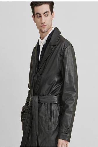 Men's black genuine lambskin leather coat- 2 flap pocket & button  weaist belt style