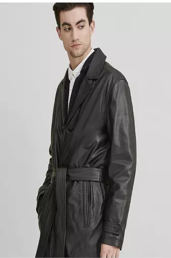 Men's black genuine lambskin leather coat- 2 flap pocket & button  weaist belt style