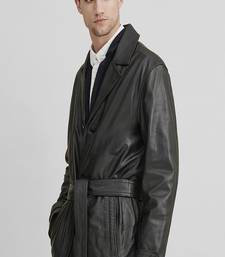Men's black genuine lambskin leather coat- 2 flap pocket & button  weaist belt style