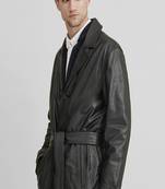 Men's black genuine lambskin leather coat- 2 flap pocket & button  weaist belt style