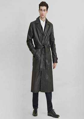 Men's black genuine lambskin leather coat- 2 flap pocket & button  weaist belt style 2