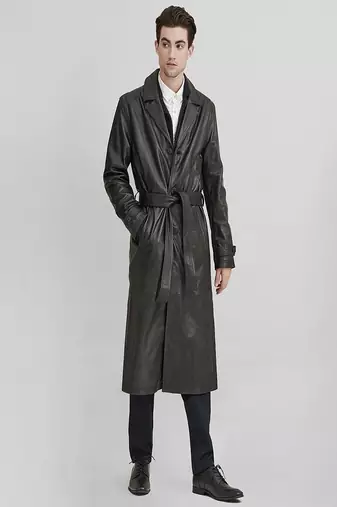 Men's black genuine lambskin leather coat- 2 flap pocket & button  weaist belt style