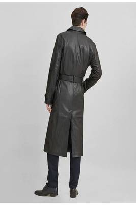 Men's black genuine lambskin leather coat- 2 flap pocket & button  weaist belt style 3