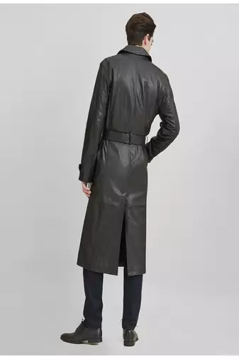 Men's black genuine lambskin leather coat- 2 flap pocket & button  weaist belt style