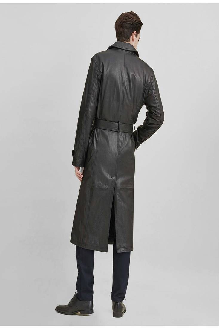 Men's black genuine lambskin leather coat- 2 flap pocket & button  weaist belt style
