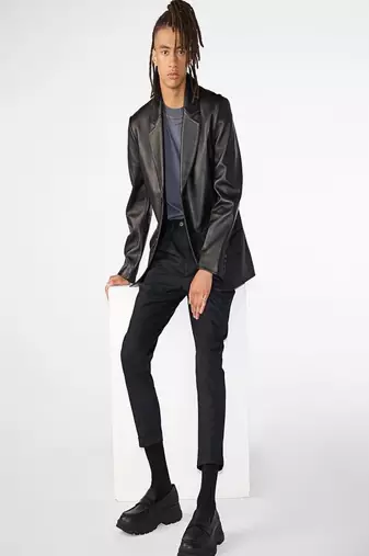 Men's black genuine lambskin leather coat- 2 flap pocket & button  weaist belt style