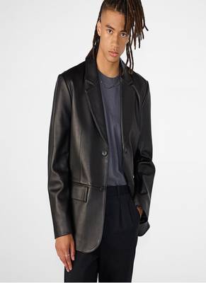 Men's black genuine lambskin leather coat- 2 flap pocket & button  weaist belt style 5
