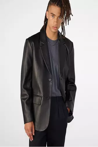 Men's black genuine lambskin leather coat- 2 flap pocket & button  weaist belt style