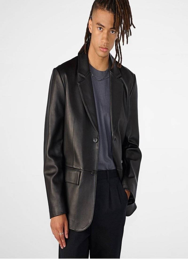 Men's black genuine lambskin leather coat- 2 flap pocket & button  weaist belt style