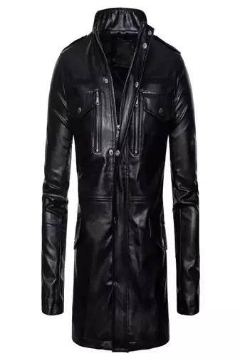 Men's black  genuine lambskin leather blazer coat- zipper pocket & button style