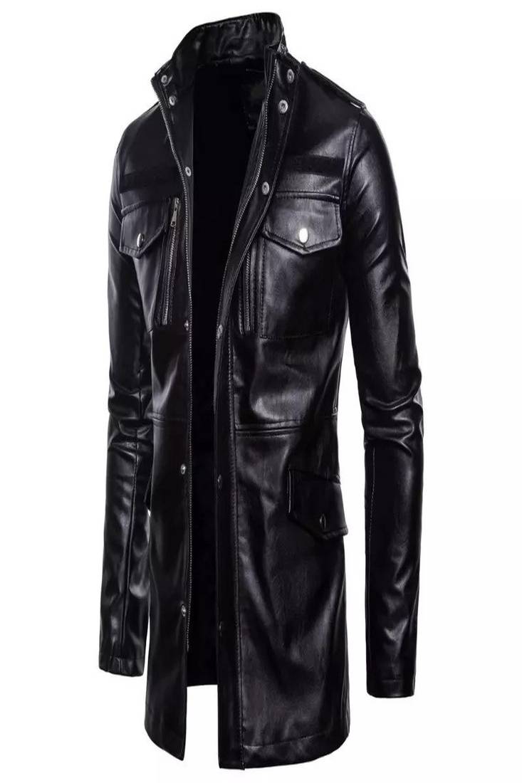 Men's black  genuine lambskin leather blazer coat- zipper pocket & button style