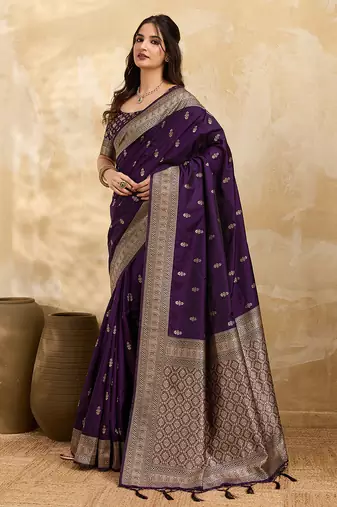Purple jaquard silk woven zari work traditional saree with unstitch blouse