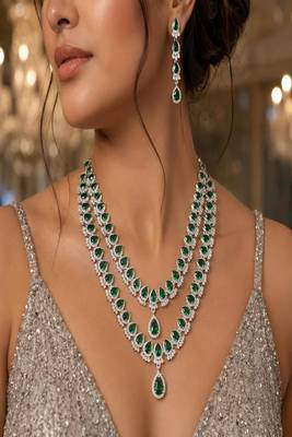 emerald green bridal necklace set, 2 layer choker, cz diamond wedding jewellery 1