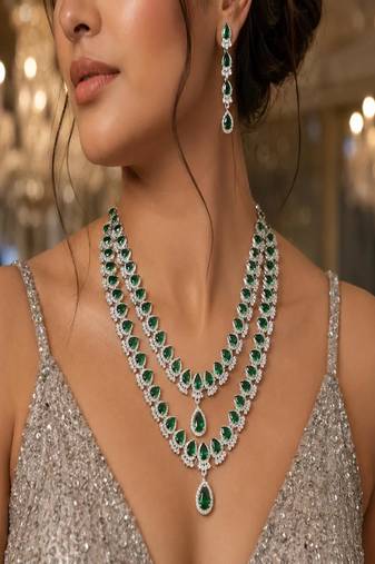 emerald green bridal necklace set, 2 layer choker, cz diamond wedding jewellery