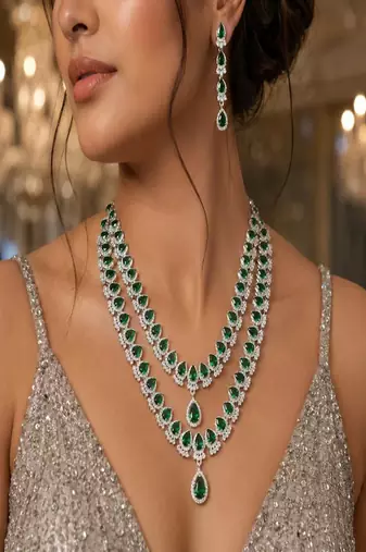 emerald green bridal necklace set, 2 layer choker, cz diamond wedding jewellery