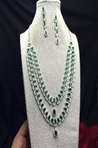 emerald green bridal necklace set, 2 layer choker, cz diamond wedding jewellery
