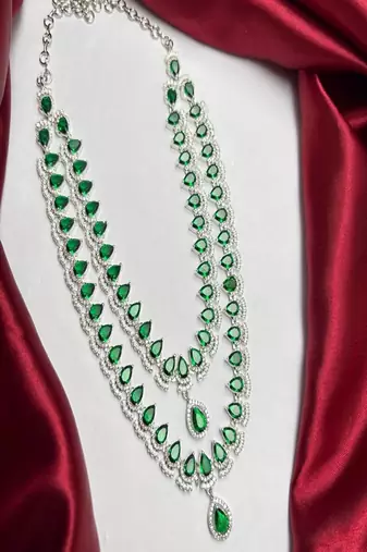 emerald green bridal necklace set, 2 layer choker, cz diamond wedding jewellery