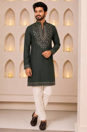 Dark bottle green silk blend heavy embroidered kurta with off white straight pant for wedding & festive wear