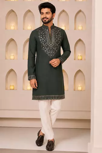 Dark bottle green silk blend heavy embroidered kurta with off white straight pant for wedding & festive wear