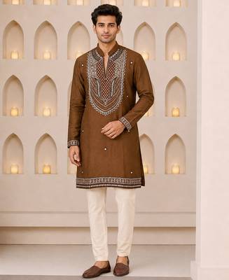 Men's coffee brown silk blend heavy embroidered kurta with off white straight pant 1