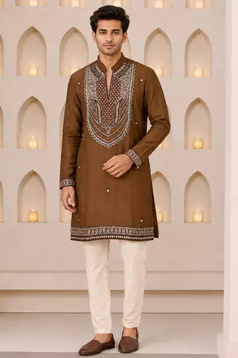 Men's coffee brown silk blend heavy embroidered kurta with off white straight pant