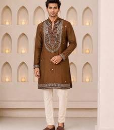 Men's coffee brown silk blend heavy embroidered kurta with off white straight pant