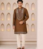 Men's coffee brown silk blend heavy embroidered kurta with off white straight pant