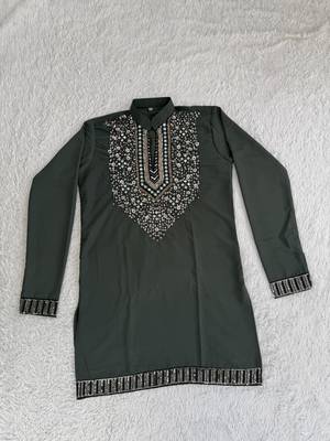 Dark bottle green silk blend heavy embroidered kurta with off white straight pant for wedding & festive wear 2