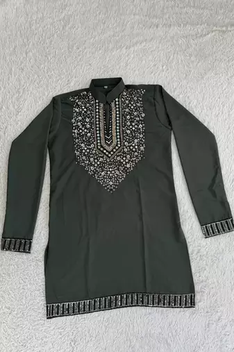 Dark bottle green silk blend heavy embroidered kurta with off white straight pant for wedding & festive wear