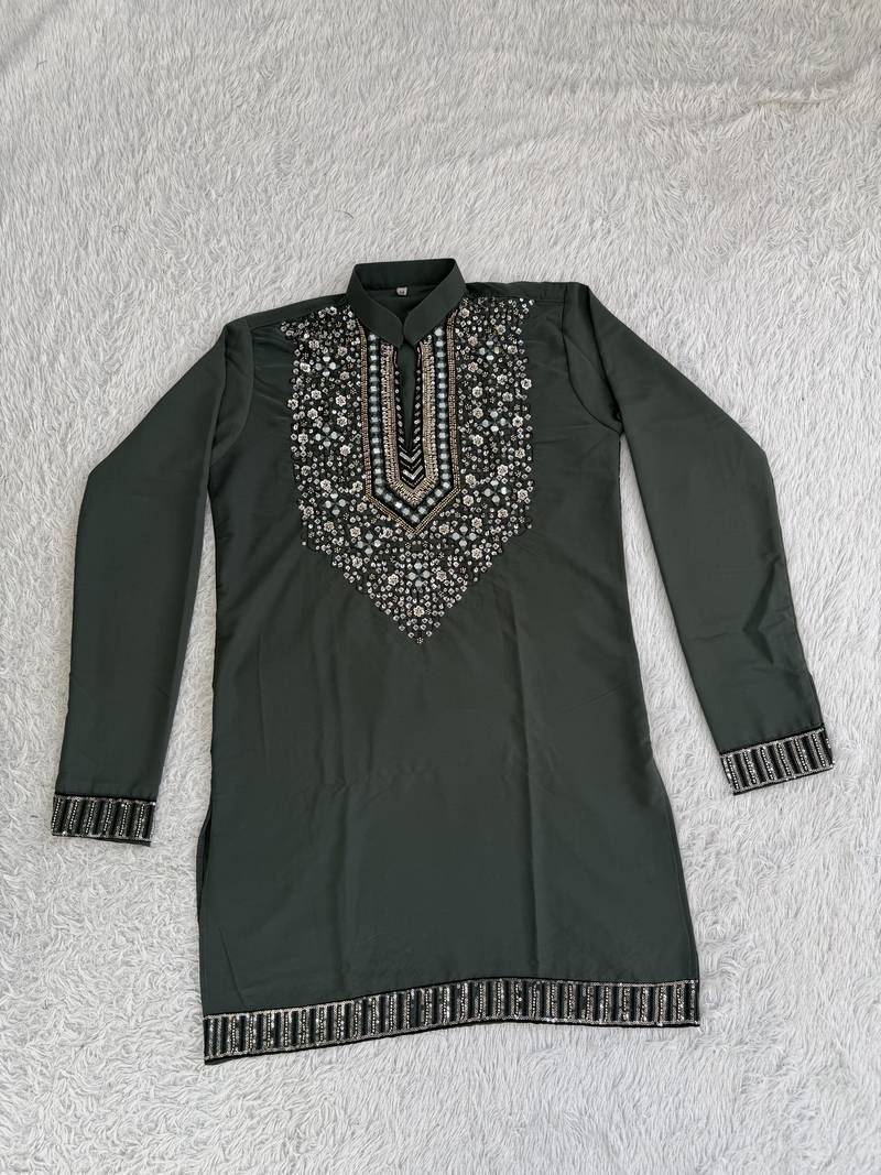 Dark bottle green silk blend heavy embroidered kurta with off white straight pant for wedding & festive wear