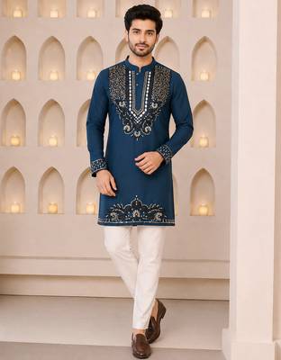 Navy blue silk blend heavy thread & sequins embroidered kurta with off white straight pant 1