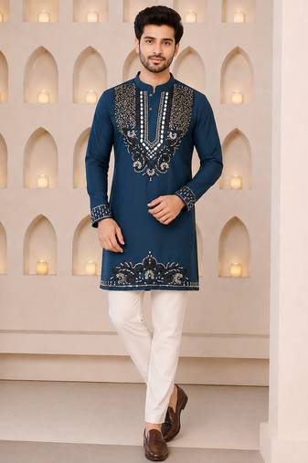Navy blue silk blend heavy thread & sequins embroidered kurta with off white straight pant