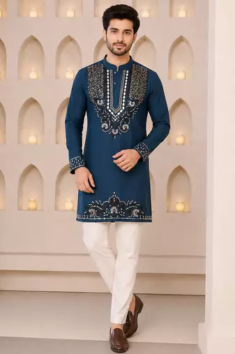 Navy blue silk blend heavy thread & sequins embroidered kurta with off white straight pant