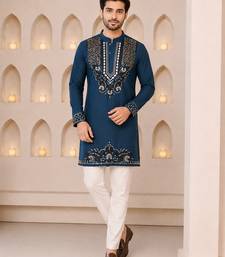 Navy blue silk blend heavy thread & sequins embroidered kurta with off white straight pant