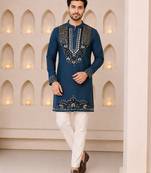 Navy blue silk blend heavy thread & sequins embroidered kurta with off white straight pant