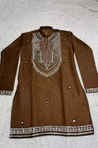 Men's coffee brown silk blend heavy embroidered kurta with off white straight pant