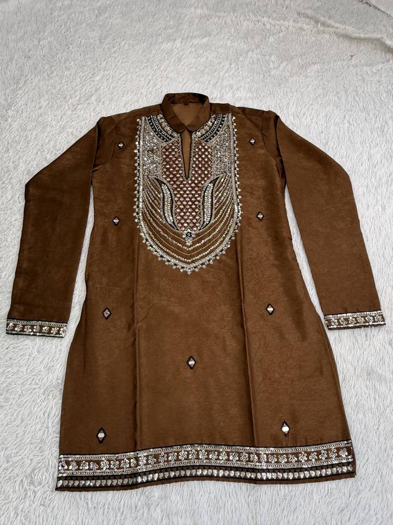 Men's coffee brown silk blend heavy embroidered kurta with off white straight pant