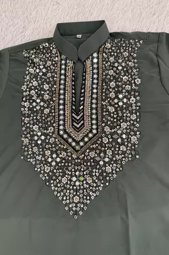 Dark bottle green silk blend heavy embroidered kurta with off white straight pant for wedding & festive wear