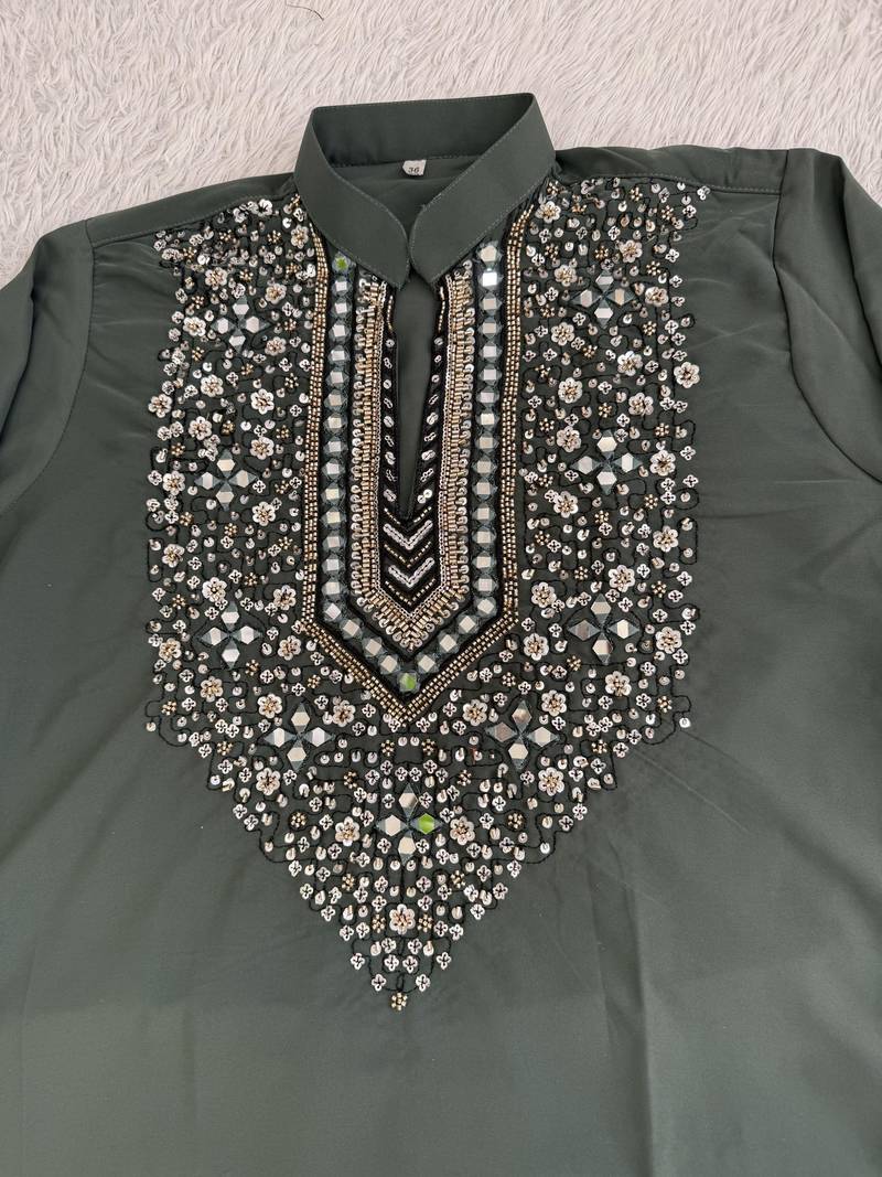 Dark bottle green silk blend heavy embroidered kurta with off white straight pant for wedding & festive wear