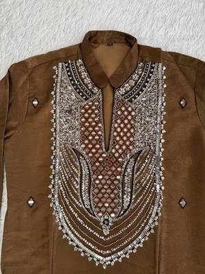 Men's coffee brown silk blend heavy embroidered kurta with off white straight pant 3