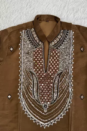 Men's coffee brown silk blend heavy embroidered kurta with off white straight pant