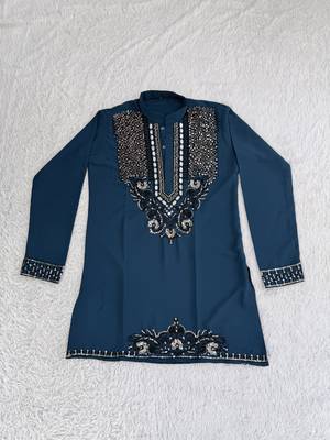 Navy blue silk blend heavy thread & sequins embroidered kurta with off white straight pant 2